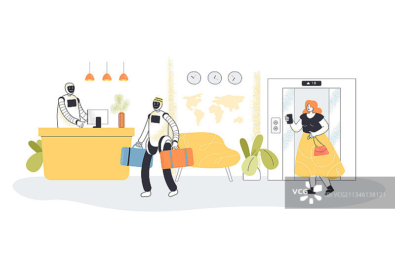 机器人接待员在酒店迎接客人图片素材