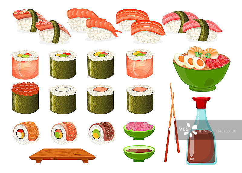 不同类型的寿司和寿司卷卡通集合图片素材
