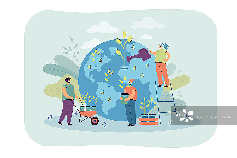 一起植树浇水的人们图片素材