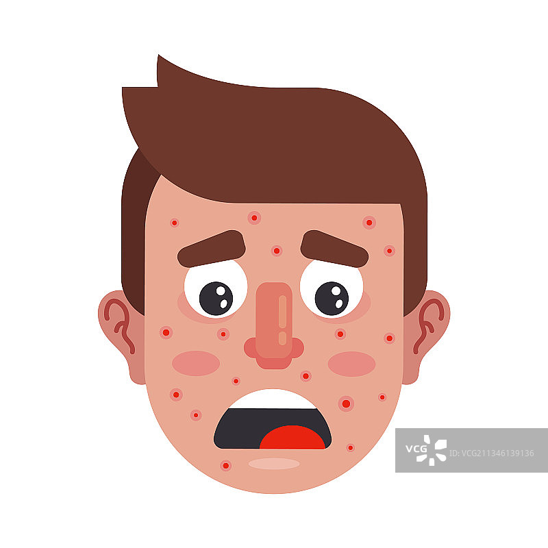 脸上长着红色丘疹的沮丧男人角色图片素材