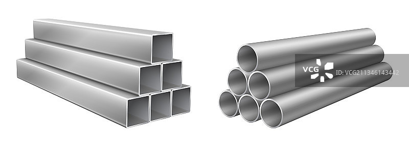 堆叠的方形和圆形钢金属或PVC管道图片素材