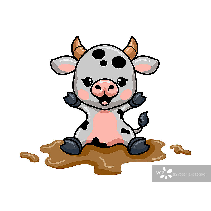 坐在泥里的可爱卡通小奶牛图片素材