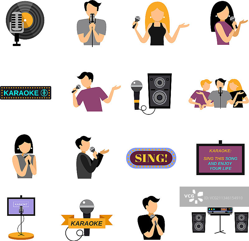 卡拉OK扁平风格图标合集图片素材