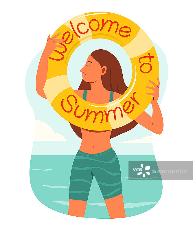 女人拿着夏季主题的充气游泳圈图片素材