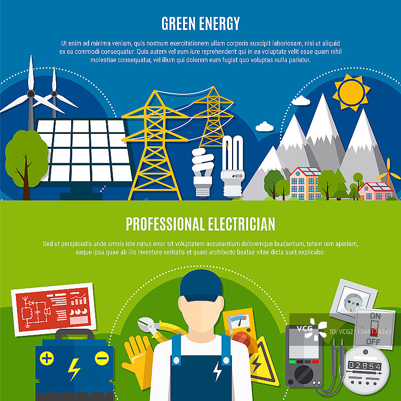电气工程师与清洁能源扁平风格banner图片素材
