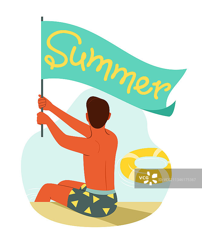 男人坐在泳池边，手持夏季旗帜图片素材