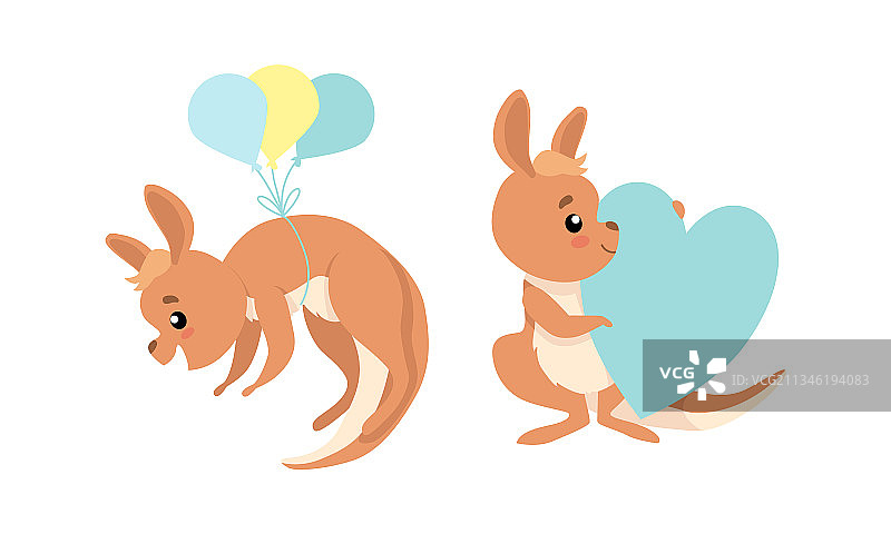 可爱的袋鼠宝宝乘气球飞行图片素材