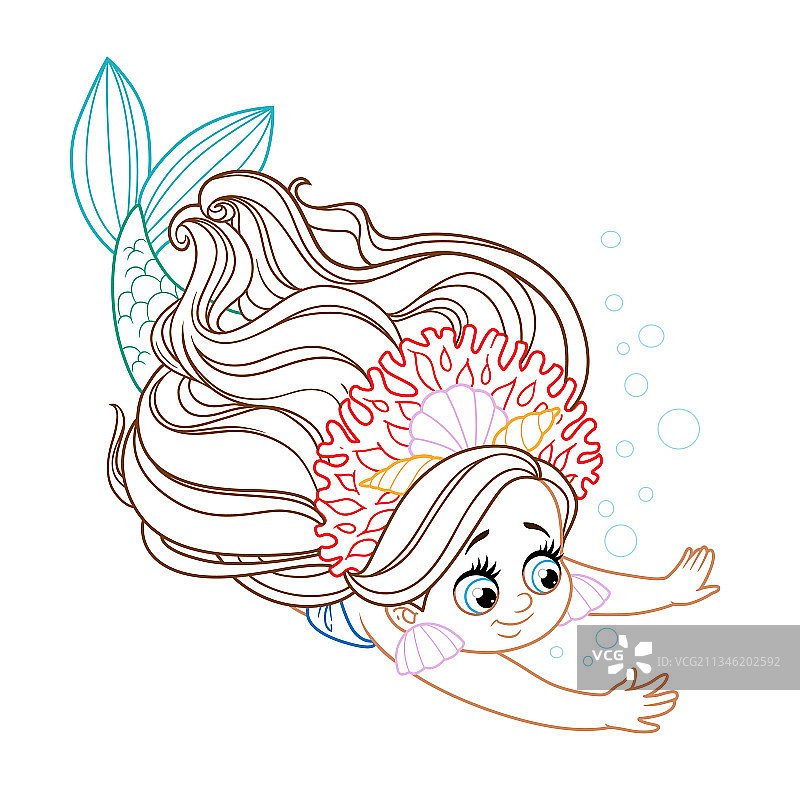 戴着珊瑚头饰的可爱小美人鱼女孩潜水图片素材