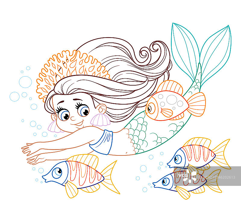 戴着珊瑚头饰的可爱小美人鱼女孩游泳图片素材