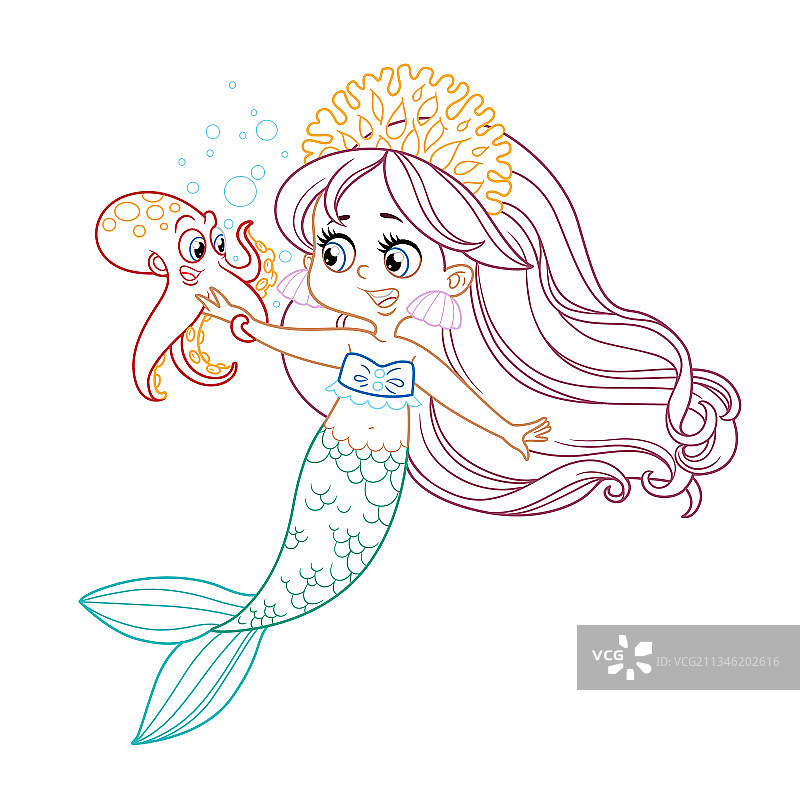 戴着珊瑚头饰的可爱小美人鱼女孩图片素材