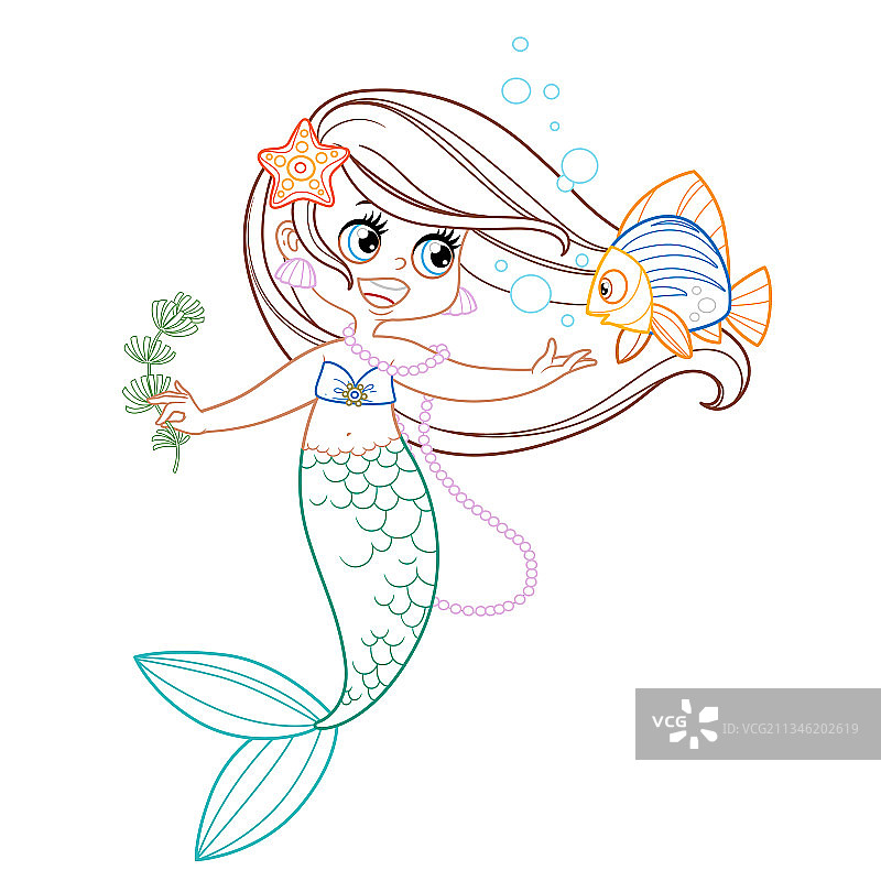 手持海藻的可爱小美人鱼女孩图片素材