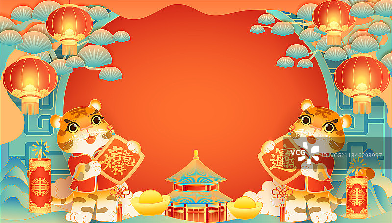 虎年春节元宵节灯笼鞭炮元宝春联国潮插画图片素材