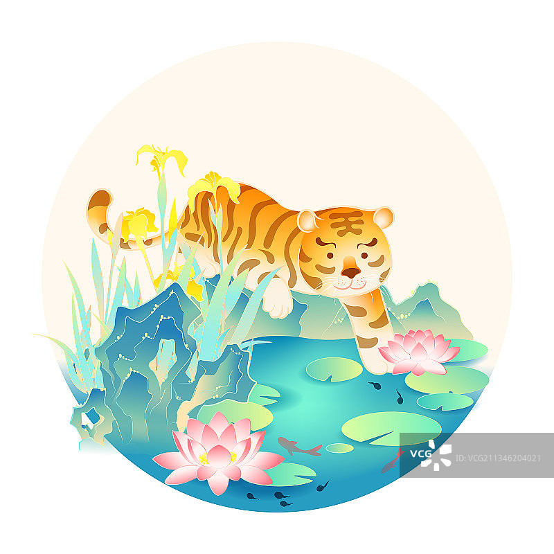 虎年老虎池塘睡莲菖蒲花六月国潮插画图片素材