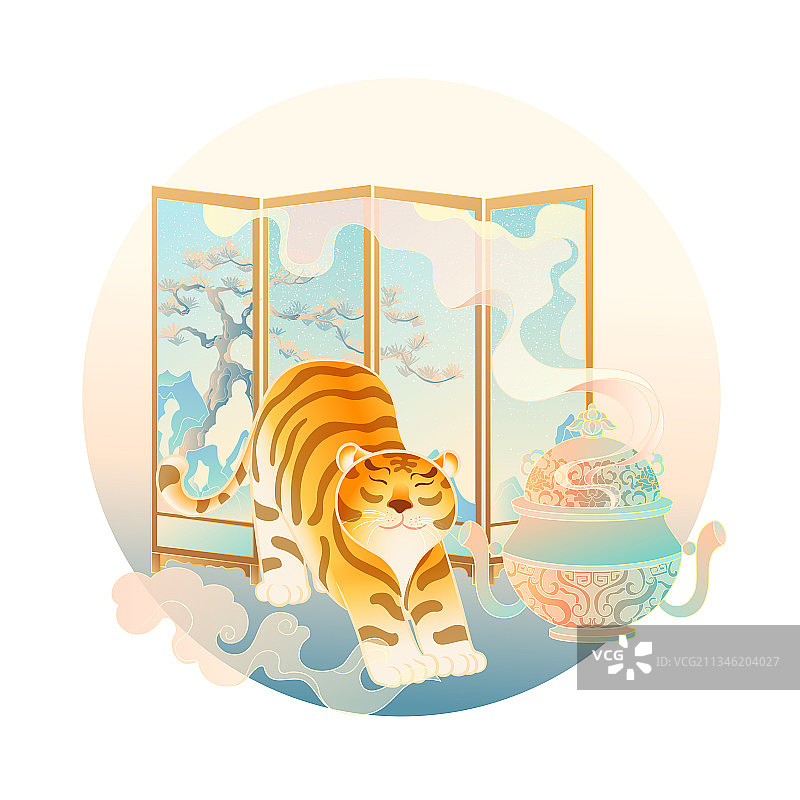 虎年老虎雪松屏风香炉十二月国潮插画图片素材
