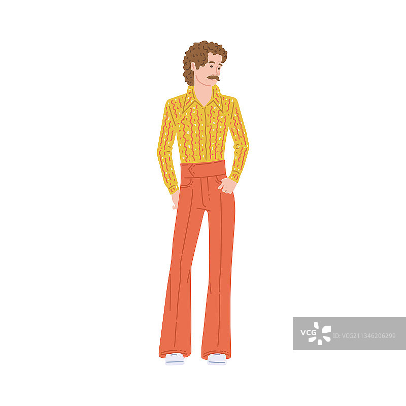 身着70年代潮流服装的年轻时尚男人（扁平风格）图片素材