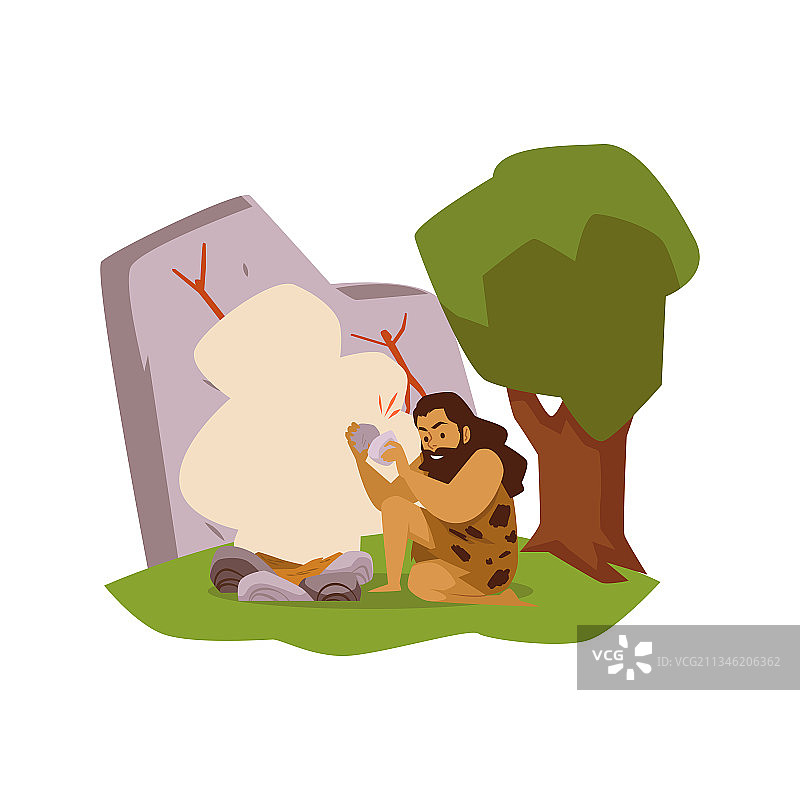 原始部落穴居人点火扁平风格图片素材