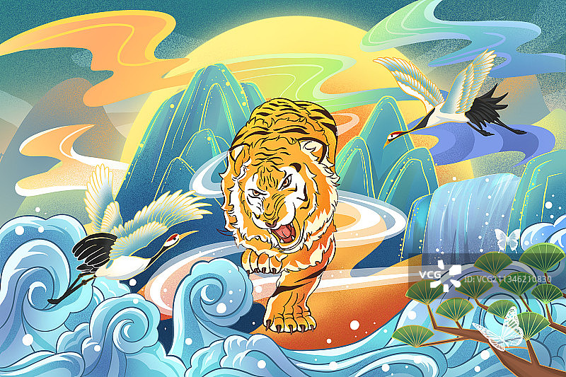 手绘中国风插画老虎图片素材