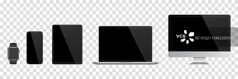 逼真风格的显示器、笔记本电脑、平板电脑和智能手机图片素材