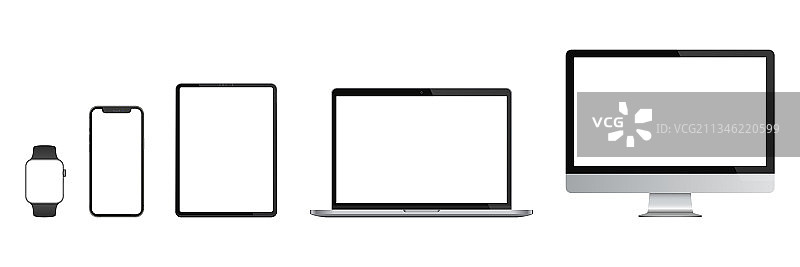 逼真风格的显示器、笔记本电脑、平板电脑和智能手机图片素材