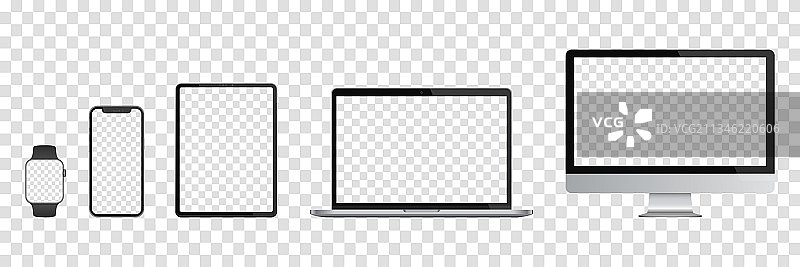逼真风格的显示器、笔记本电脑、平板电脑和智能手机图片素材