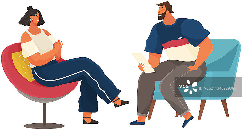 坐在扶手椅上与男性交流的女孩图片素材