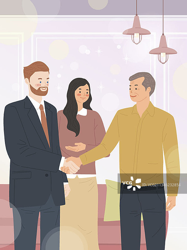 一位亚洲男人和一位西方男人握手的插画图片素材