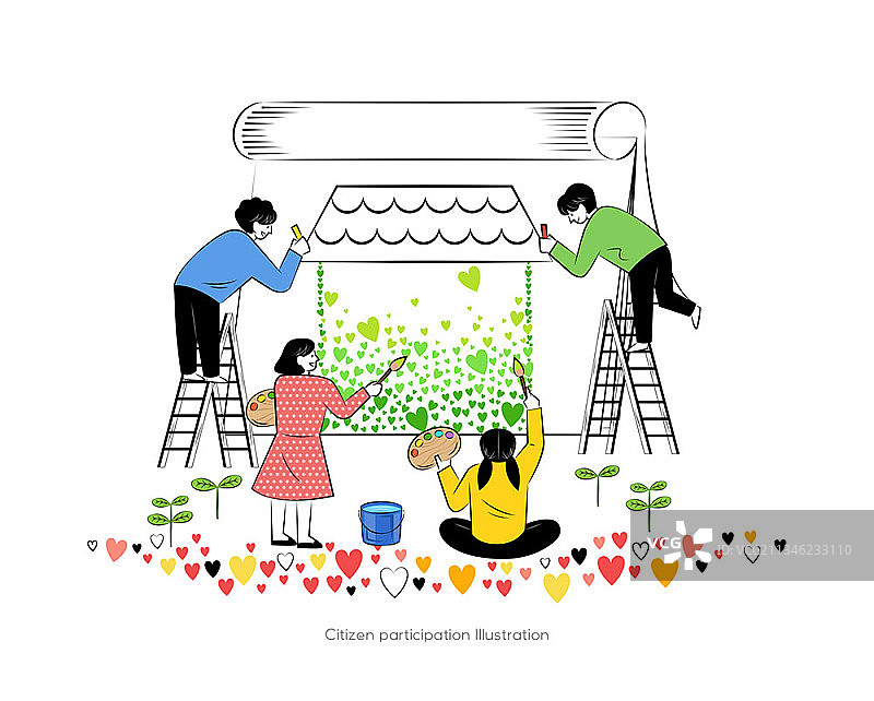 一群年轻人在巨大的纸上绘画图片素材