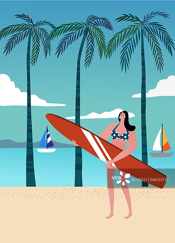 一位在海滩拿着冲浪板的女人图片素材