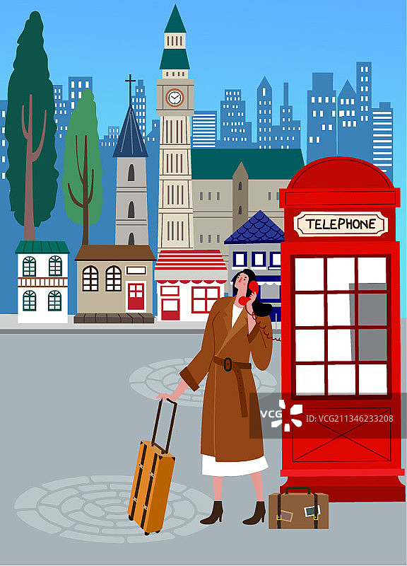 在电话亭打电话的行李箱女人图片素材