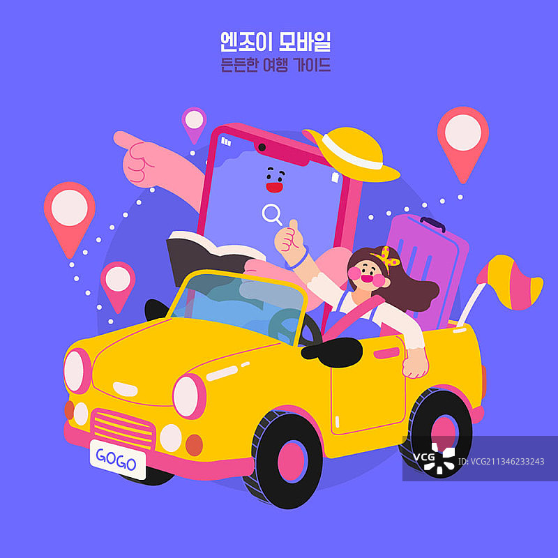 女孩在车上用智能手机旅行图片素材