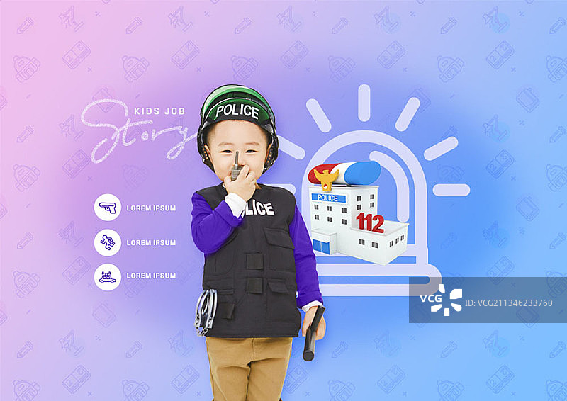 男孩拿着对讲机，身穿警服图片素材