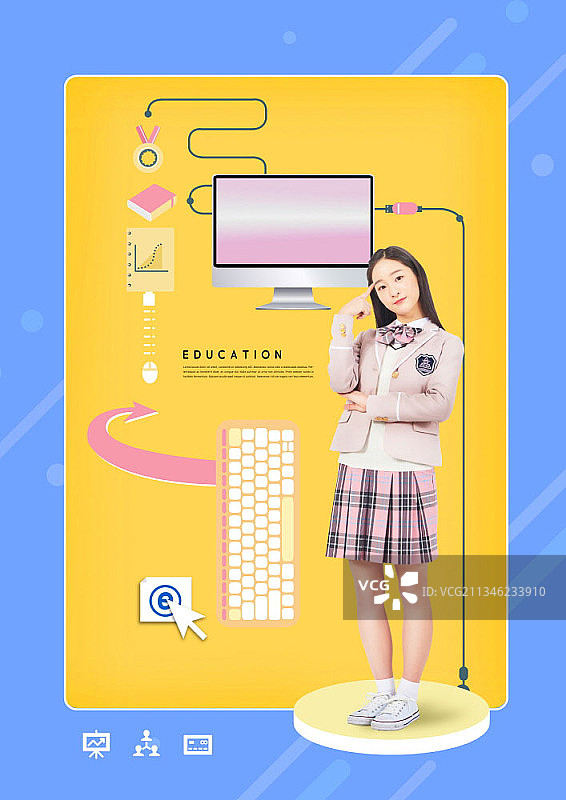 穿着校服的女孩站在有电脑的台上图片素材