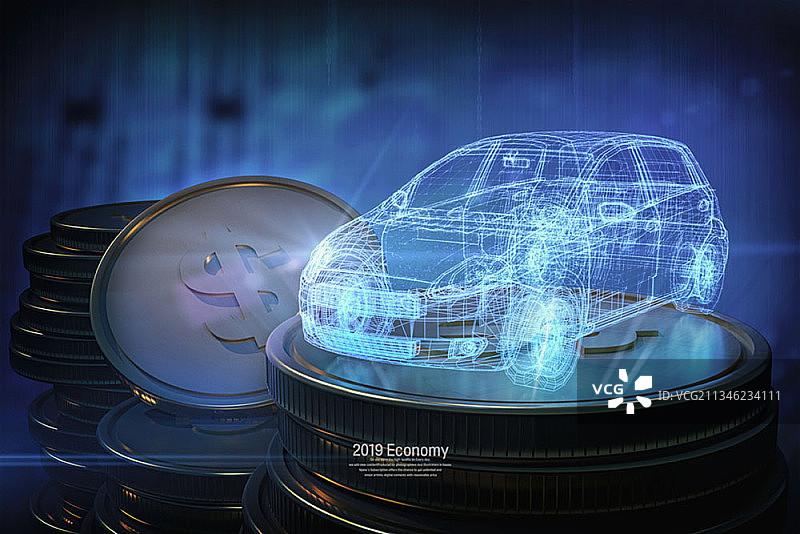 带有硬币堆的汽车全息图图片素材