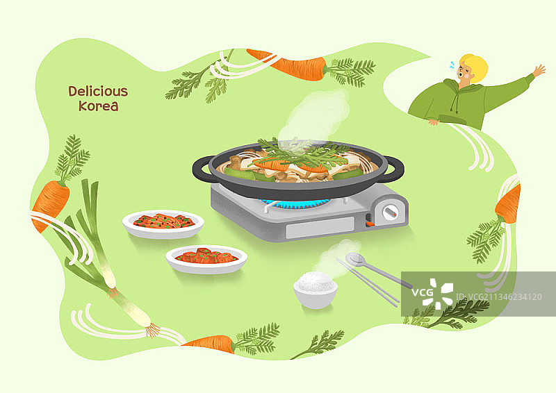 以蔬菜为背景的美味韩国料理图片素材