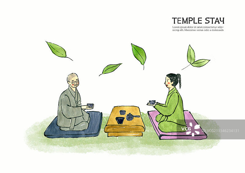 僧侣与女子一同品茶图片素材