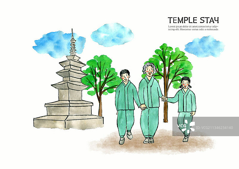 在寺庙里行走的老人和孩子们图片素材