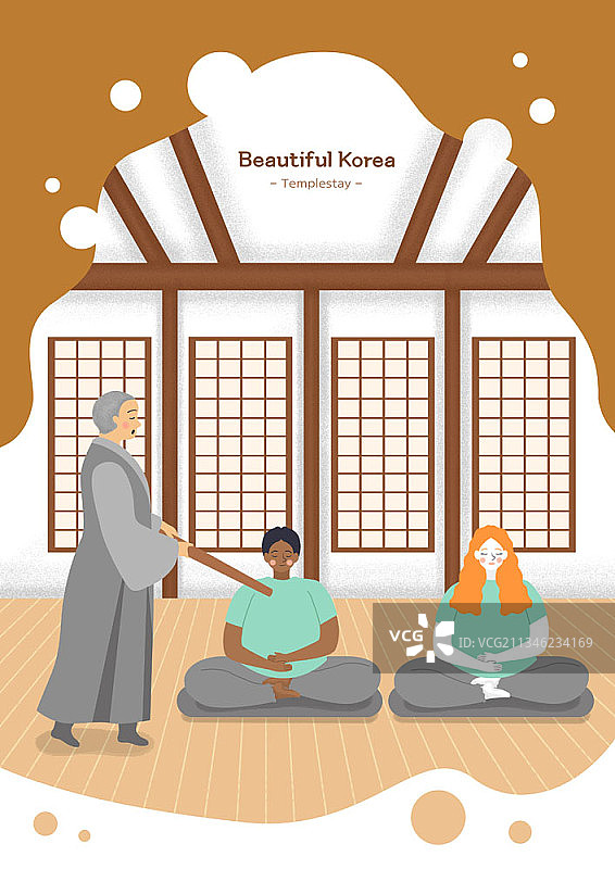 外国人在寺庙里在僧侣面前冥想图片素材