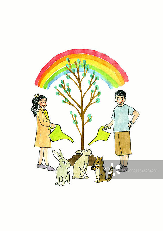 一个女孩和一个男孩与动物朋友一起给树浇水图片素材