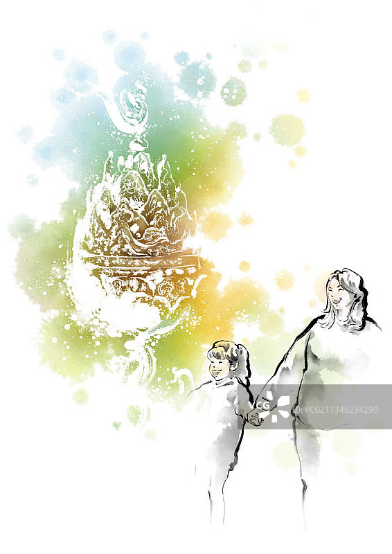 微笑的母女与传统香炉背景书法图片素材