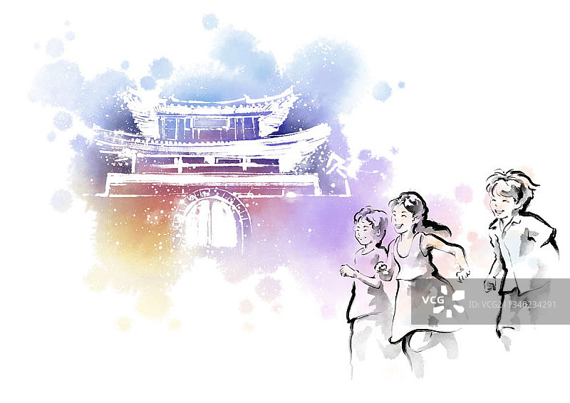 孩子们在传统房屋前奔跑，笑脸书法图片素材