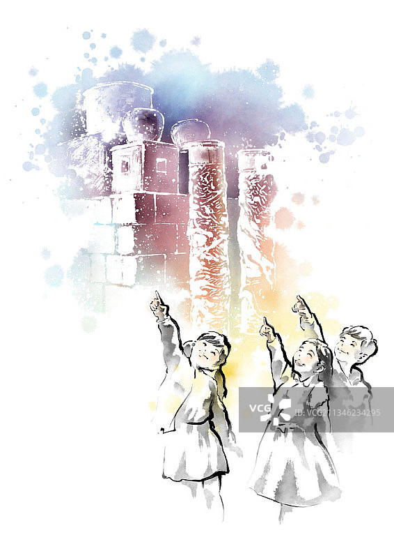 儿童在古董水钟前指点字画图片素材