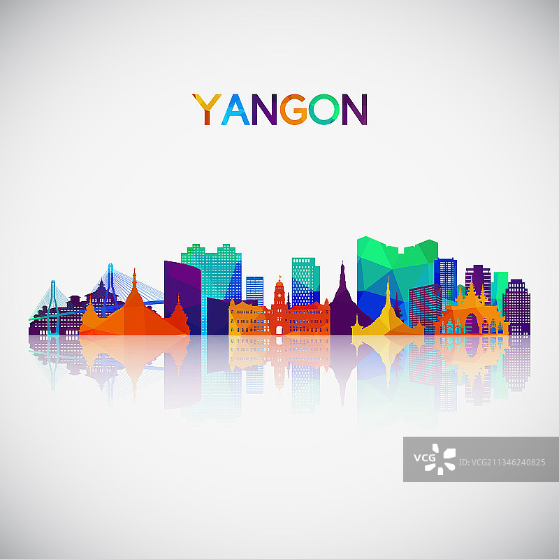 仰光天际线彩色几何剪影图片素材