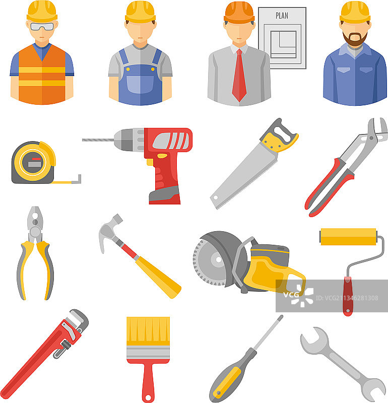 建筑工人工具扁平图标集图片素材