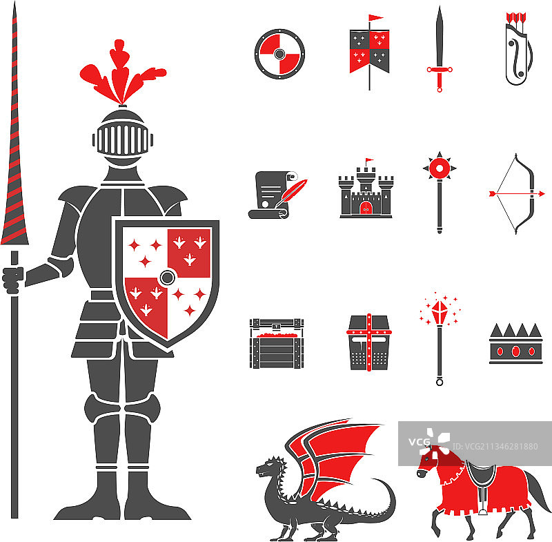 中世纪骑士黑红图标套装图片素材
