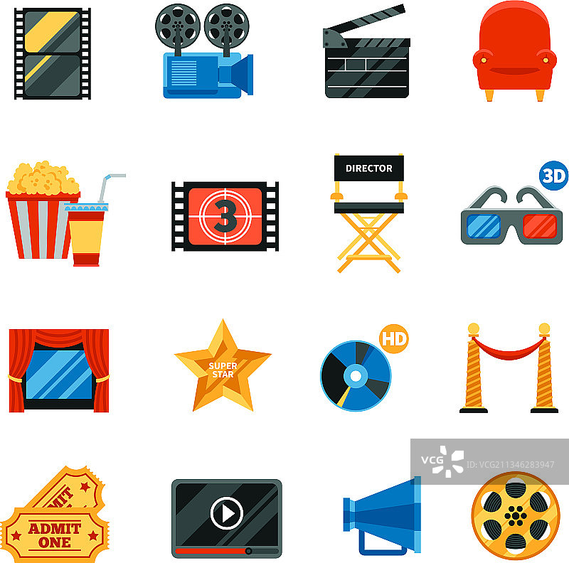扁平电影装饰图标集图片素材