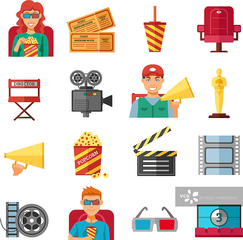 扁平彩色电影装饰图标合集图片素材