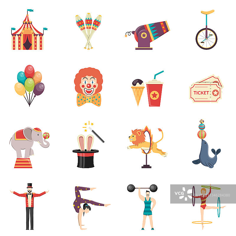 马戏表演扁平风彩色图标合集图片素材