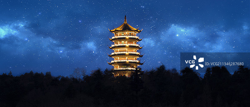 安徽蚌埠市张公山公园望淮塔星空灯光夜景图片素材