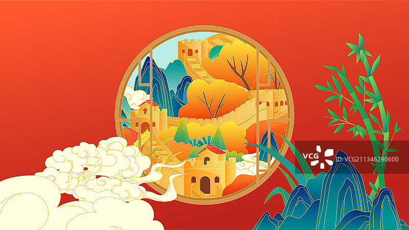 长城云纹和山脉竹子国潮风矢量插画背景图片素材
