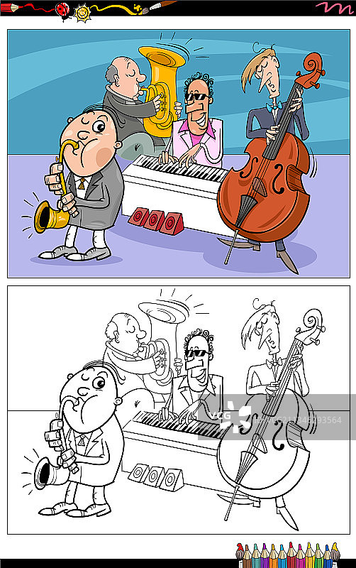 卡通音乐家乐队填色书图片素材